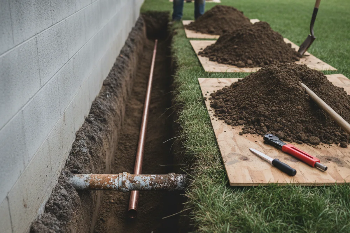 Excavated water line trench during Water Softener Installation in Mineola